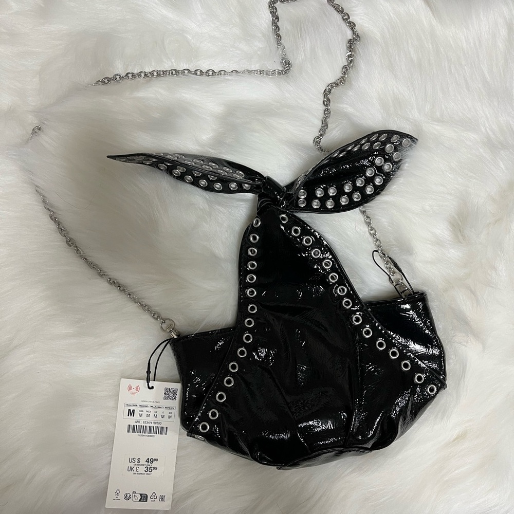 Zara Black Patent Shoulder Bag with Silver Accents